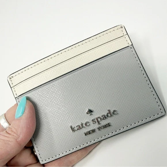 Kate Spade Madison Colorblock Saffiano Leather Slim Cardholder Cream/Plat. Gray - Picture 8 of 15